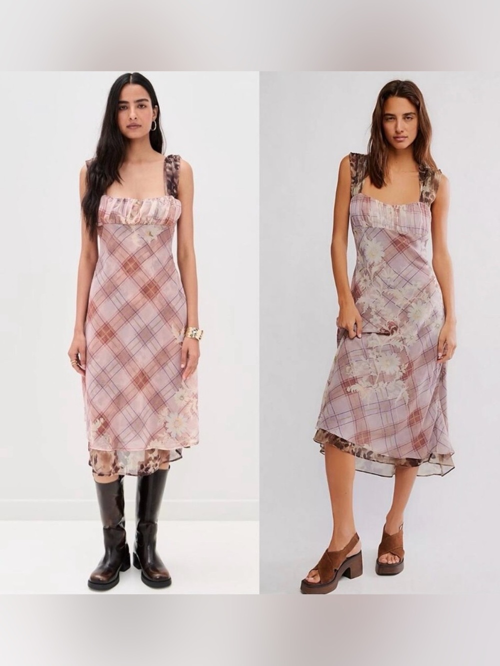 Free People Morning Dew Midi Slip Dress Femme Grunge 90’s Floral Plaid Medium